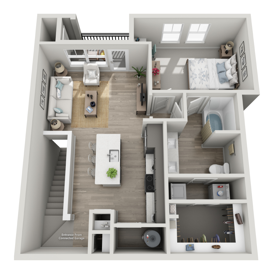 Rendering of the A3-U ALT floor plan with 1 bedroom[s] and 1 bathroom[s] at Milo (Garden)